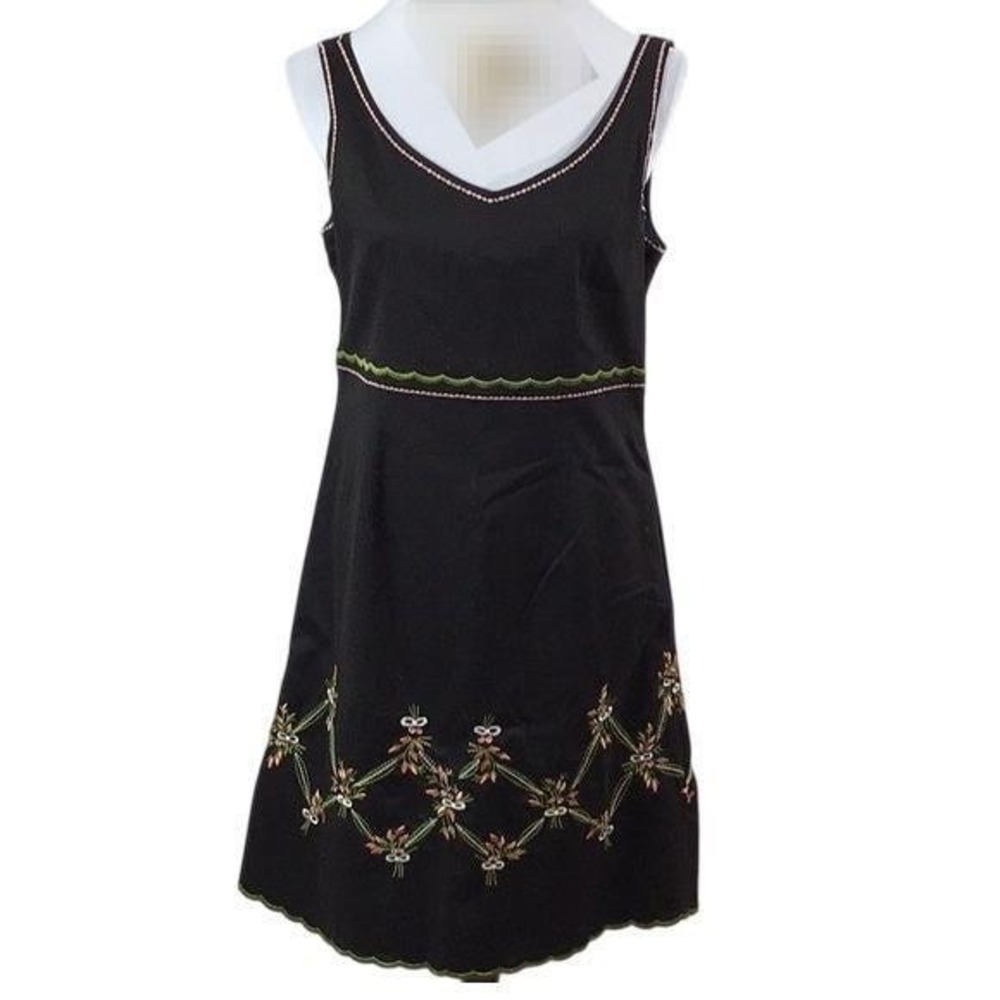 VINTAGE 14 Nikki Valenti black fit flare dress floral‎ embroidery lined